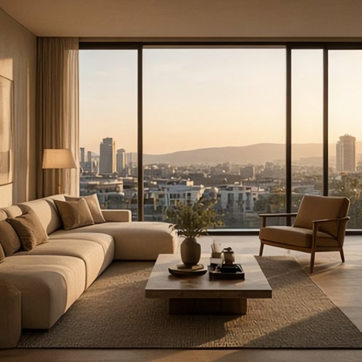A furnished apartment living room rendered for a property listing